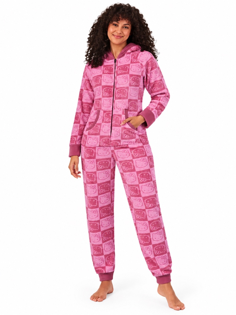 Hello Kitty Pink Plush Zip-Up Hooded Jumpsuit